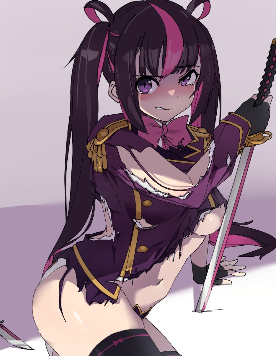 1girl areola_slip arm_support black_gloves black_hair black_thighhighs blush bow bowtie breasts broken broken_sword broken_weapon buttons commentary_request cowboy_shot crying crying_with_eyes_open defeat double-breasted epaulettes fingerless_gloves gloves hair_rings highres holding holding_sword holding_weapon jacket katana kuninokami_musashi long_hair looking_at_viewer mahjong_fight_girl medium_breasts military_uniform multicolored_hair navel no_bra nouka panties pink_bow pink_bowtie pink_hair purple_eyes purple_jacket solo sword tears thighhighs torn_clothes twintails two-tone_hair underwear weapon white_panties