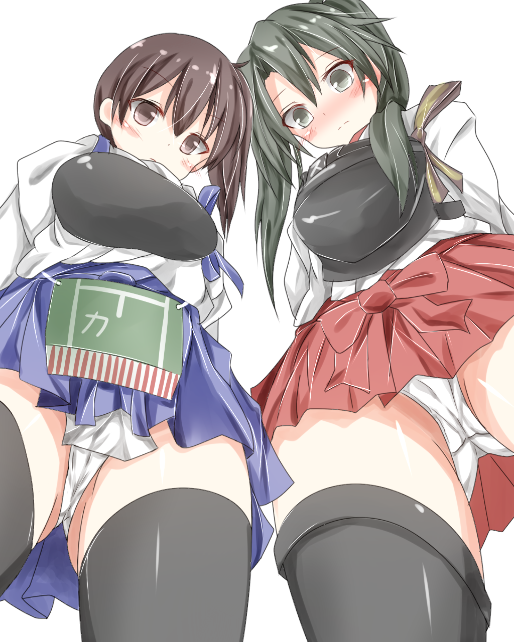 pikacchi, kaga (kancolle), zuikaku (kancolle), kantai collection, black  legwear, bad id, bad pixiv id, highres, 10s, 2girls, blue skirt, blush,  brown eyes, brown hair, flight deck, from below, grey eyes, grey hair,