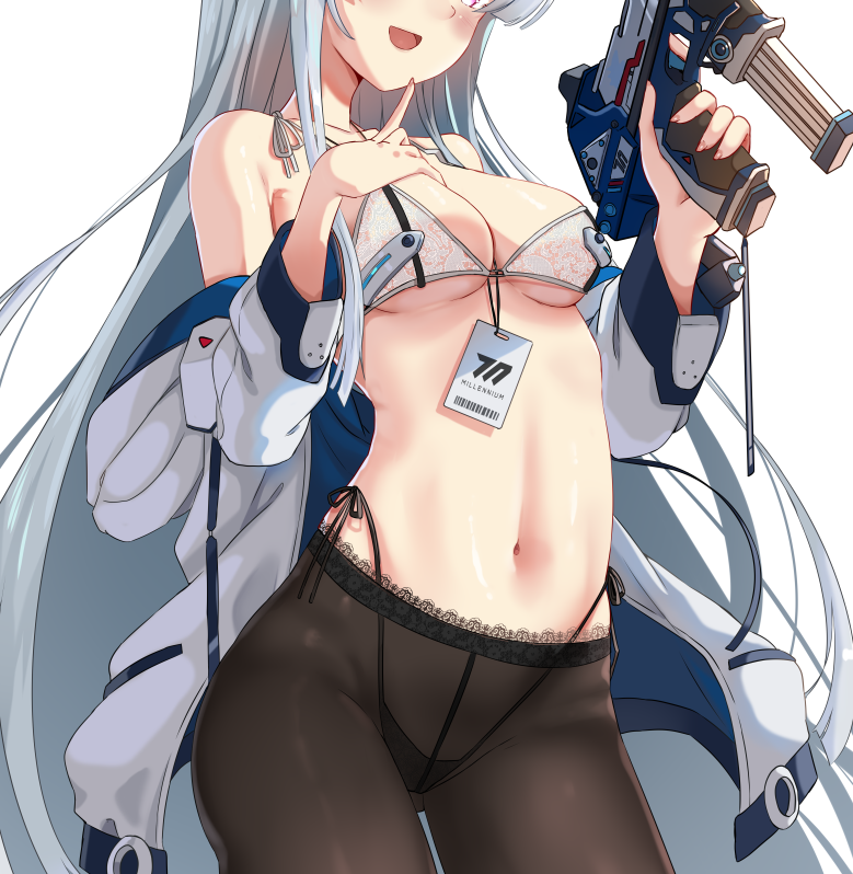 1girl :d black_panties black_pantyhose blue_archive bra breasts dot_nose finger_to_face gluteal_fold grey_hair gun hand_on_own_chest handgun head_out_of_frame holding holding_gun holding_weapon id_card jacket light_blush long_hair long_sleeves medium_breasts navel noa_(blue_archive) open_mouth panties pantyhose side-tie_panties sidelocks sig_sauer_p320 simple_background smile string_bra string_panties two-sided_fabric two-sided_jacket underwear very_long_hair weapon white_background white_bra white_jacket xephonia