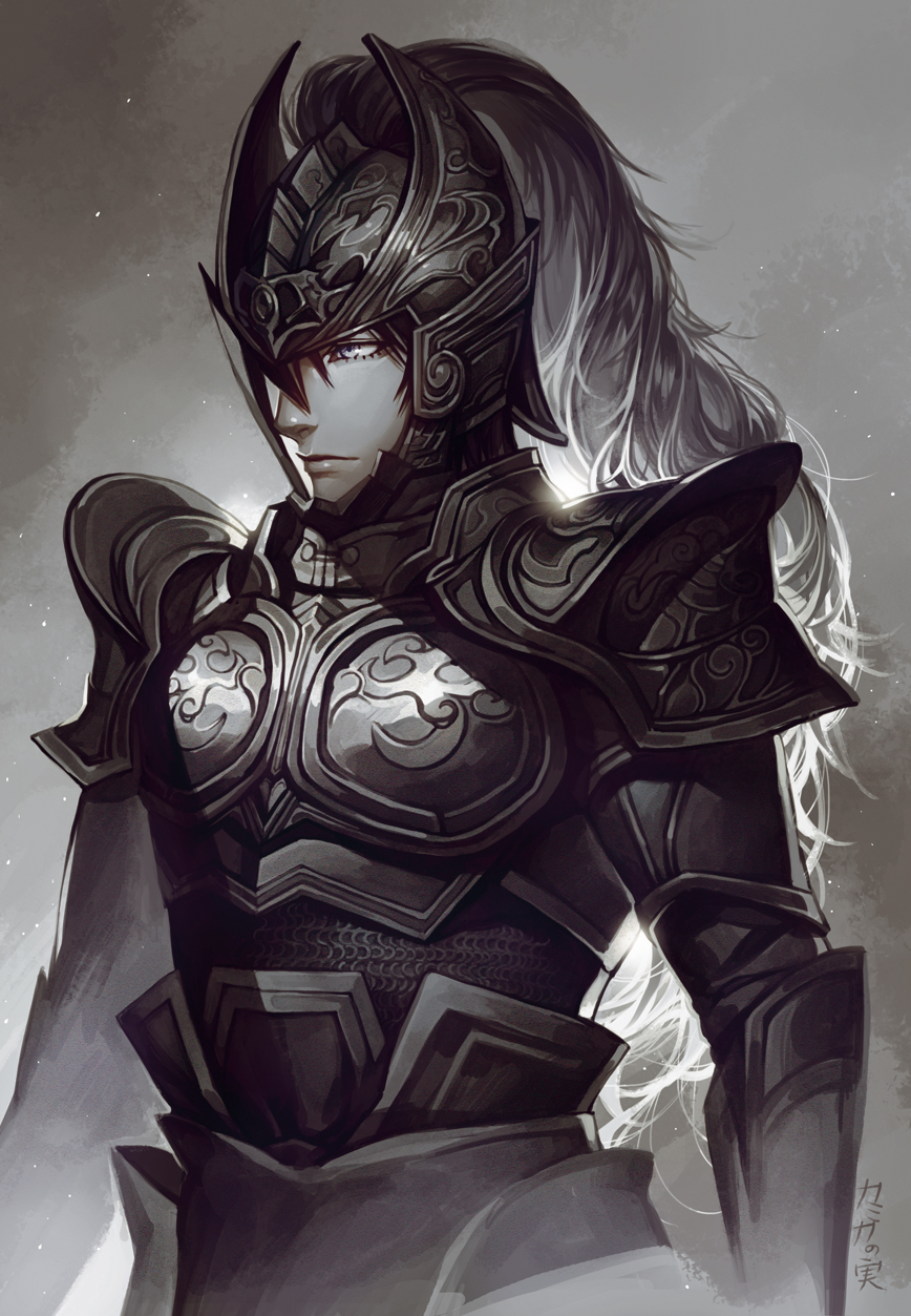 1boy armor black_hair blue_eyes chainmail full_armor helmet highres kamikanomi male_focus monochrome shin_sangoku_musou solo wen_yang