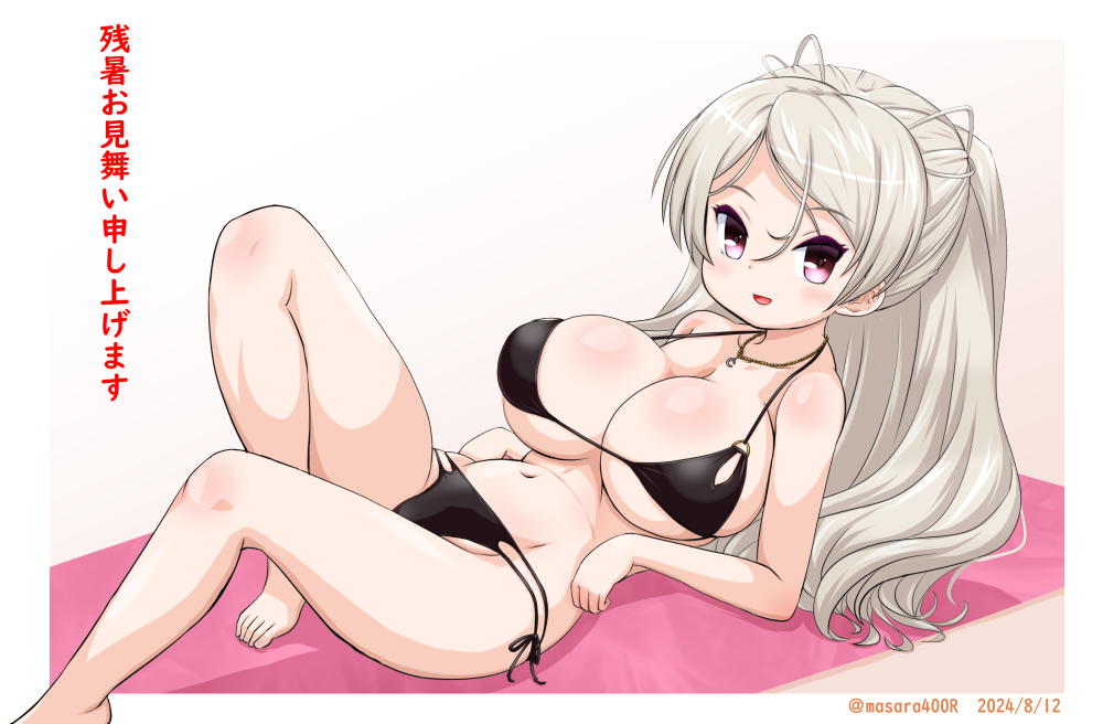 1girl bikini breasts brown_eyes commentary_request conte_di_cavour_(kancolle) conte_di_cavour_(swimsuit_mode)_(kancolle) dated feet_out_of_frame grey_hair kantai_collection large_breasts long_hair lying masara_(chuujou) side-tie_bikini_bottom solo swimsuit twitter_username two_side_up zanshomimai