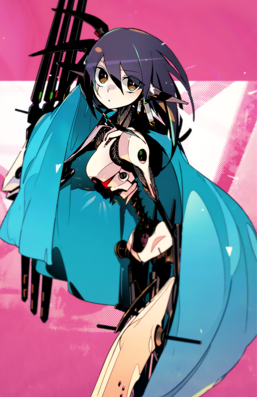 1girl android bare_shoulders black_hair brown_eyes cape etrian_odyssey from_side hair_between_eyes highres idkuroi long_hair looking_at_viewer mechabare olympia_(sekaiju) pink_background pointy_ears purple_hair robot robot_ears sekaiju_no_meikyuu sekaiju_no_meikyuu_3 solo spine standing towel very_long_hair