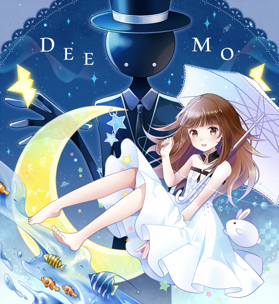 1boy 1girl alice_(deemo) bare_shoulders black_suit blush brown_hair clownfish copyright_name deemo deemo_(character) dress dress_tug edamame_888 fish formal hat holding holding_umbrella long_hair moorish_idol necktie open_mouth rabbit star_(symbol) suit top_hat tropical_fish umbrella water white_dress white_umbrella