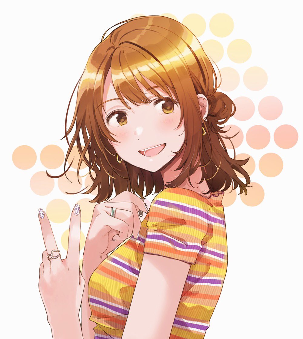 1girl :d blush brown_eyes brown_hair casual earrings fly_(marguerite) hair_bun inward_v izumi_yuzu jaku-chara_tomozaki-kun jewelry looking_at_viewer medium_hair official_art open_mouth orange_shirt ring shirt short_sleeves sidelocks single_side_bun smile solo striped_clothes striped_shirt teeth upper_body white_background