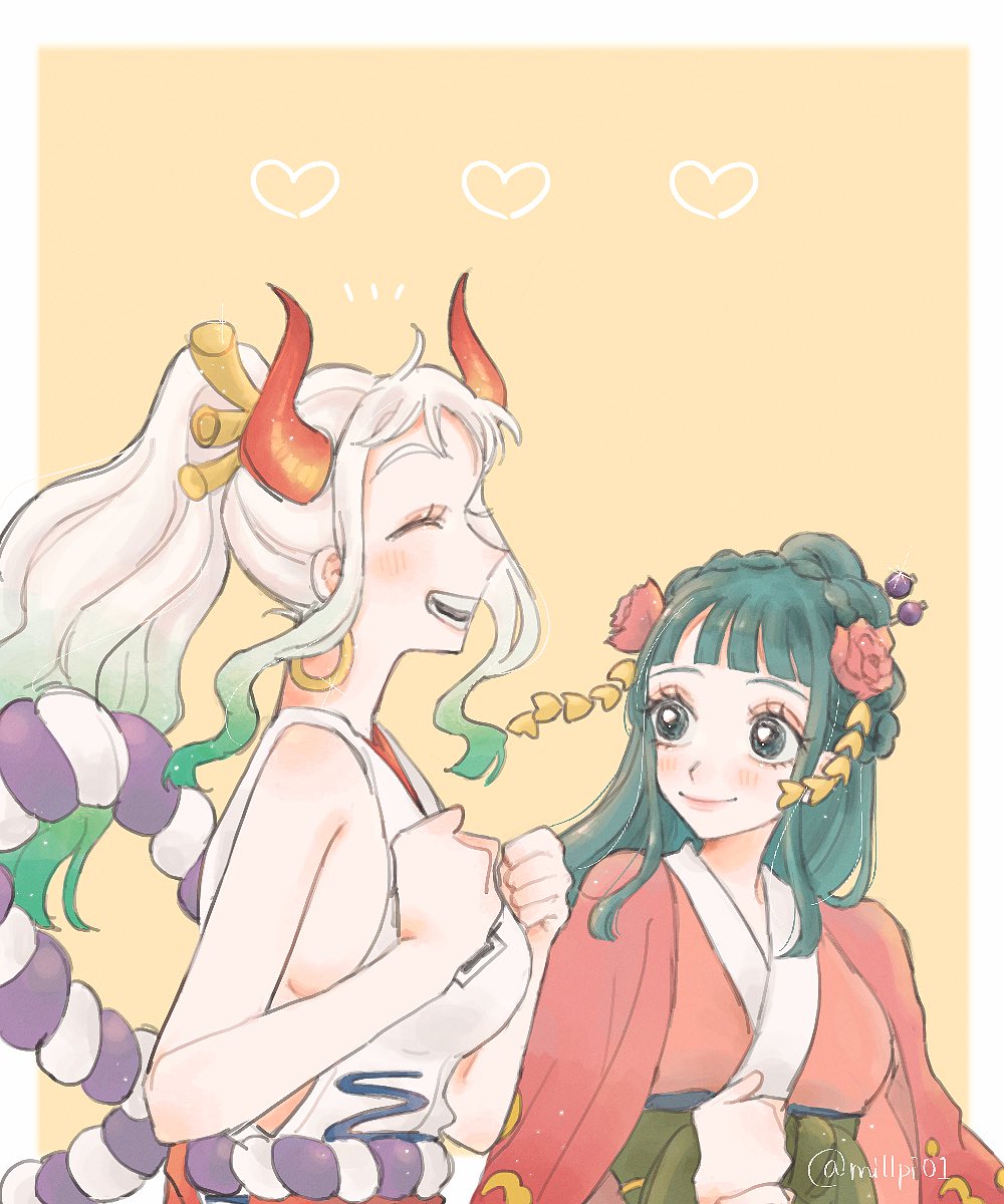 2girls ^_^ blunt_bangs closed_eyes commentary_request earrings flower green_hair green_sash hair_flower hair_ornament heart highres horns japanese_clothes jewelry kimono kouzuki_hiyori looking_at_another millpi01 multiple_girls one_piece pink_kimono ponytail red_horns rope sash shimenawa sidelocks simple_background sleeveless sleeveless_kimono twitter_username white_hair white_kimono yamato_(one_piece)