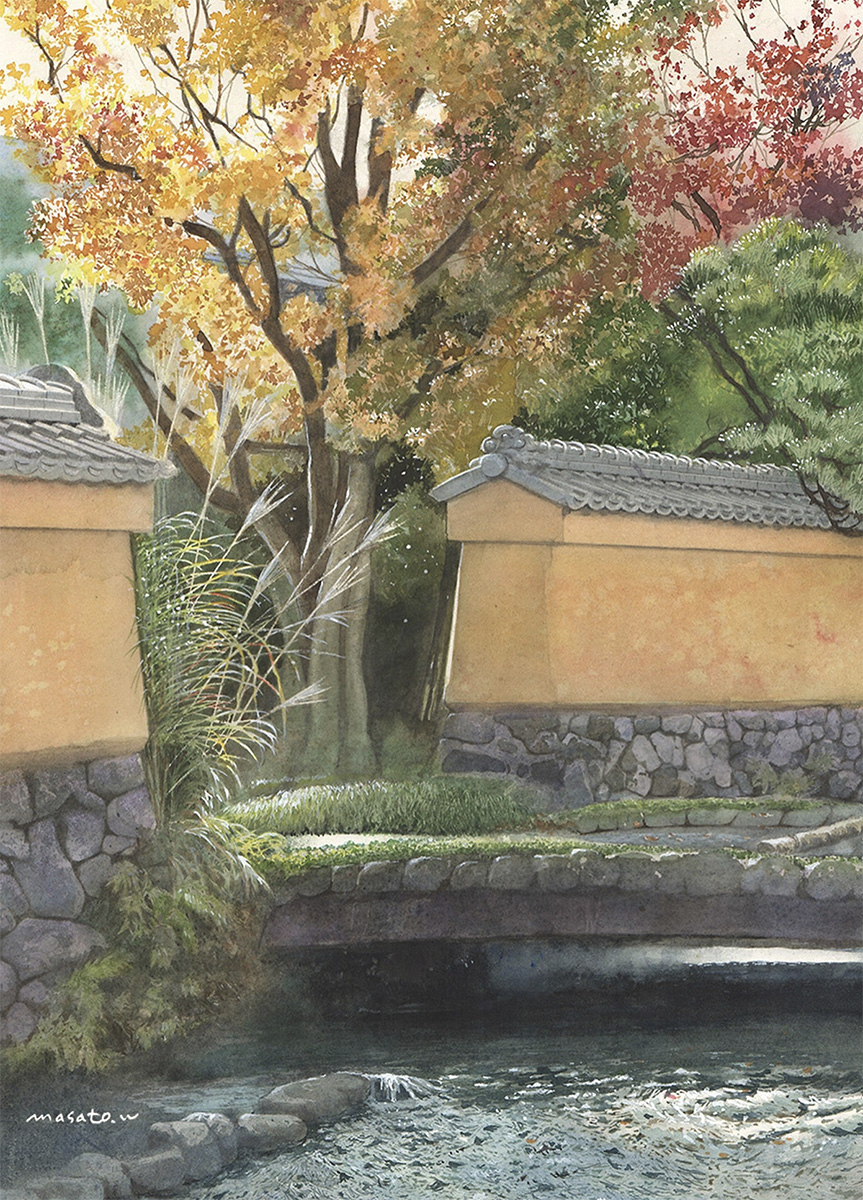 architecture bridge cobblestone commentary_request day east_asian_architecture grass highres moss no_humans original outdoors painting_(medium) scenery signature stone_wall traditional_media tree watanabe_masato water watercolor_(medium)