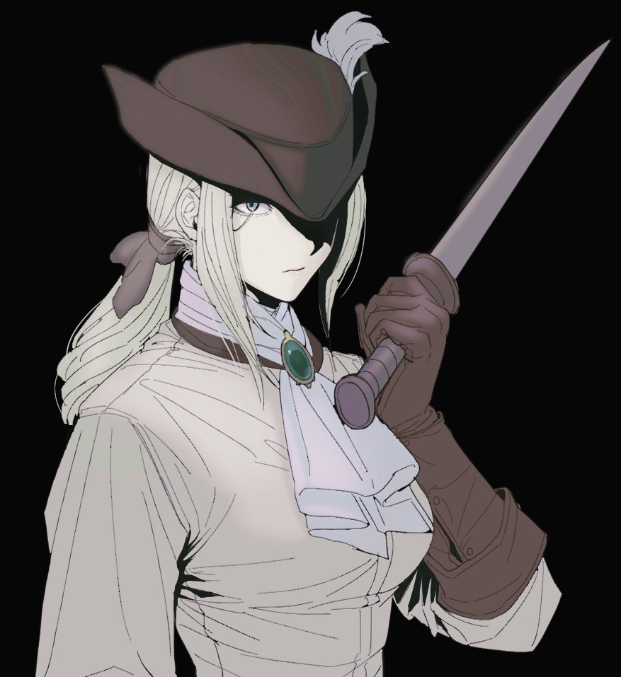 1girl ascot black_background blonde_hair bloodborne breasts brown_gloves brown_hat closed_mouth gem gloves grey_eyes hat hat_feather holding holding_sword holding_weapon lady_maria_of_the_astral_clocktower large_breasts ponytail serious shirt simple_background solo sword tricorne weapon white_ascot white_shirt xxq_002