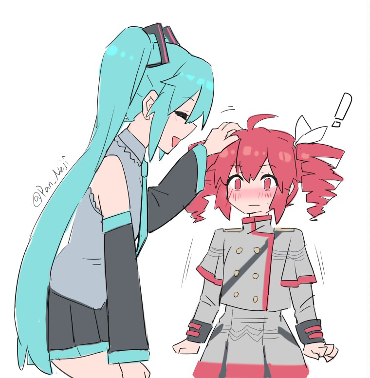 ! 2girls ahoge aqua_hair aqua_necktie aqua_trim artist_name black_skirt black_sleeves blush bow buttons closed_eyes closed_mouth collared_shirt commentary_request detached_sleeves double-breasted drill_hair facing_another grey_jacket grey_shirt grey_skirt hair_bow hair_ornament happy hatsune_miku headpat height_difference jacket kasane_teto kasane_teto_(sv) leaning_forward long_hair long_sleeves looking_at_viewer meme multiple_girls necktie nejikyuu open_mouth pleated_skirt profile red_eyes red_hair red_trim shirt shoulder_boards simple_background skirt sleeveless sleeveless_shirt smile surprised synthesizer_v tall_miku_short_teto_(meme) twin_drills twintails twitter_username uniform utau vocaloid white_background white_bow