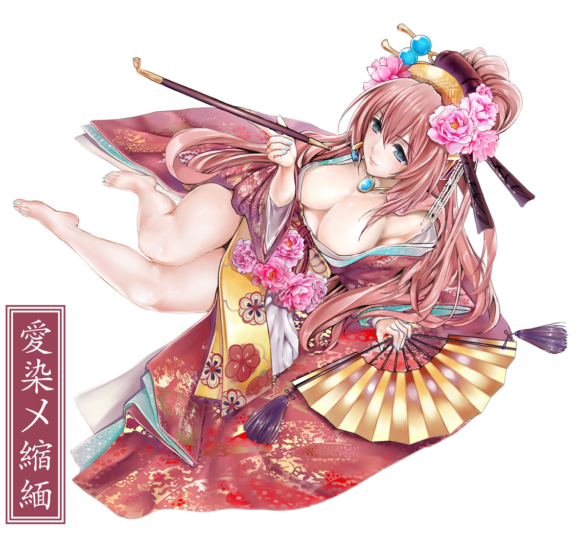 maruyama, megurine luka, vocaloid, 1girl, arm support, barefoot, blue eyes,  blue nails, breasts, cleavage, flower, full body, hair flower, hair  ornament, hand fan, headset, japanese clothes, jewelry, kimono, kiseru,  large breasts, legs,