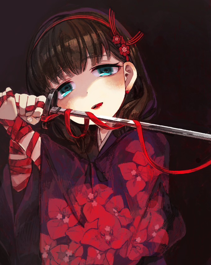 1girl arm_ribbon blue_eyes brown_hair commentary_request commission earrings floral_print hairband holding holding_sword holding_weapon idolmaster idolmaster_cinderella_girls japanese_clothes jewelry katana kimono looking_at_viewer parted_lips print_kimono red_kimono red_ribbon ribbon sakuma_mayu sasasasa short_hair skeb_commission smile solo sword upper_body weapon