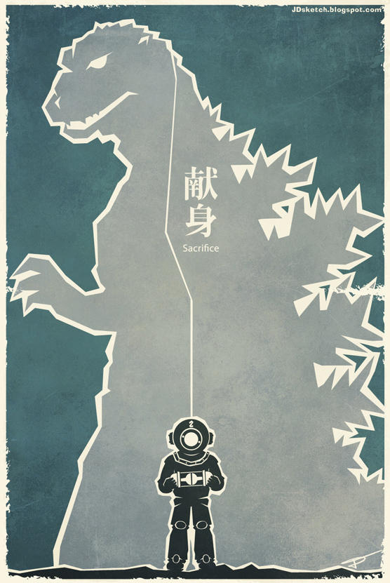 chemical_weapon chemicals dinosaur diving_suit english_text giant giant_monster godzilla godzilla_(1954) godzilla_(series) helmet japanese_text justin_dial kaiju monster movie_poster ocean oxygen_destroyer parody scientist sea_monster serizawa_daisuke style_parody text_focus toho underwater weapon weapon_of_mass_destruction