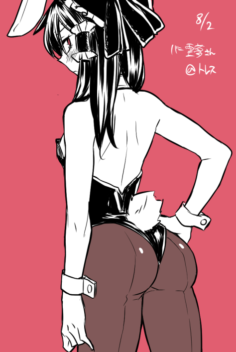 1girl animal_ears ass back back-seamed_legwear black_pantyhose blush bow female_focus from_behind hair_bow hair_tubes hakurei_reimu kaya_rio leotard looking_back monochrome pantyhose playboy_bunny rabbit_ears rabbit_tail seamed_legwear simple_background solo tail touhou wrist_cuffs