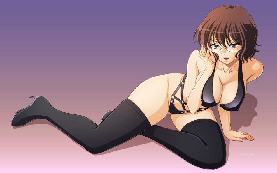 00s 1girl bikini boots breasts brown_hair cleavage covered_erect_nipples female_focus full_body glasses gradient_background grey_eyes gundam gundam_00 large_breasts shirin_bakhtiar short_hair sitting solo swimsuit tadano_akira thigh_boots thighhighs