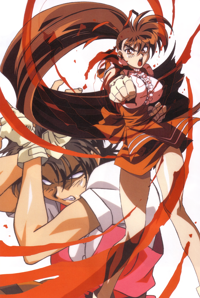 1990s_(style) 2girls angry breasts brown_eyes brown_hair clenched_hands crossed_arms fingerless_gloves floating_hair gloves hair_ribbon high_ponytail kimura_takahiro large_breasts long_hair looking_at_viewer multiple_girls no_pupils official_art open_mouth orange_skirt outstretched_arm punching retro_artstyle ribbon skirt takeuchi_yuka toned underbust v-shaped_eyebrows variable_geo very_long_hair waitress yajima_satomi