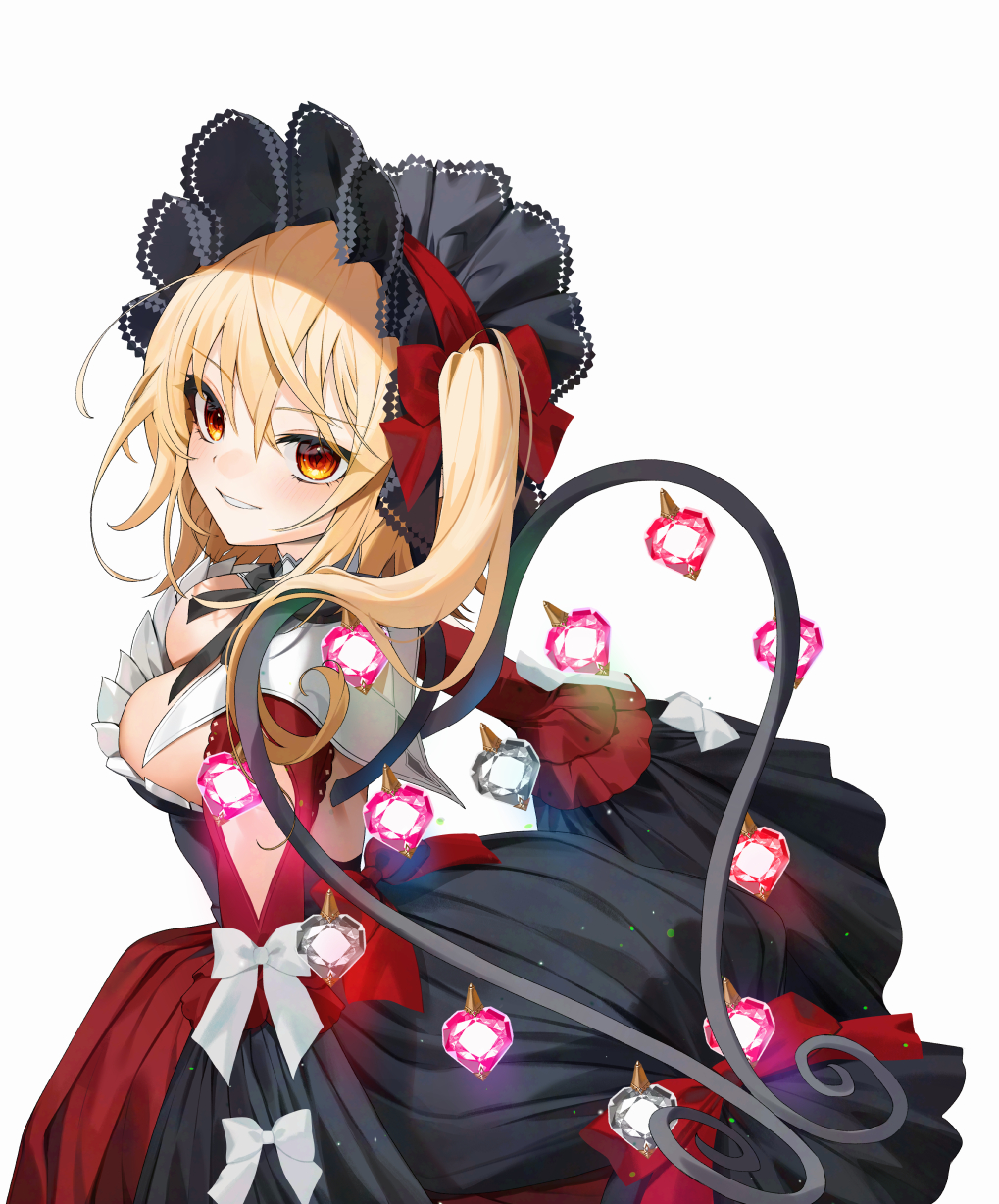 1girl alternate_costume back_cutout black_bonnet black_dress blonde_hair bonnet bow breasts cleavage cleavage_cutout clothing_cutout commentary_request dress flandre_scarlet frilled_bonnet frills gotou_(nekocat) hair_bow highres long_sleeves looking_at_viewer looking_back medium_breasts red_bow red_dress red_eyes simple_background sleeve_bow smile solo touhou two-tone_dress white_background white_bow wide_sleeves wings