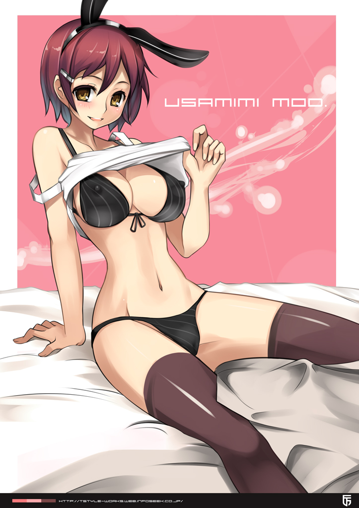 1girl animal_ears bad_id bad_pixiv_id bed black_panties blush breasts brown_eyes cleavage clothes_lift covered_erect_nipples fake_animal_ears female_focus front-tie_top hair_ornament hairclip large_breasts legs long_legs navel original panties rabbit_ears red_hair shirt_lift short_hair sitting smile solo t-track t-track_(artist) thighhighs thighs underwear