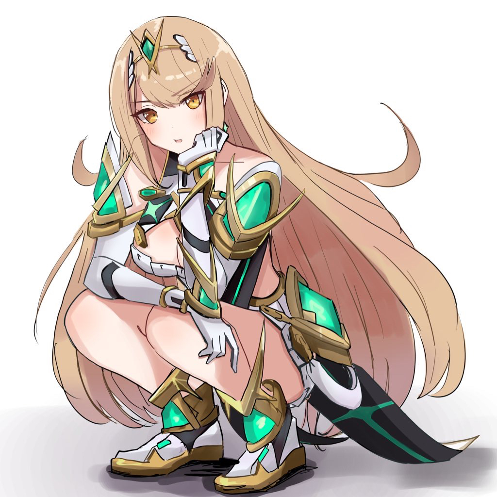 1girl amausa_subee armor blonde_hair breasts cleavage cleavage_cutout clothing_cutout commentary_request dress elbow_gloves elbow_rest full_body gloves head_rest large_breasts long_hair mythra_(xenoblade) parted_lips shadow short_dress shoulder_armor simple_background solo squatting swept_bangs tiara very_long_hair white_background white_dress white_footwear xenoblade_chronicles_(series) xenoblade_chronicles_2 yellow_eyes