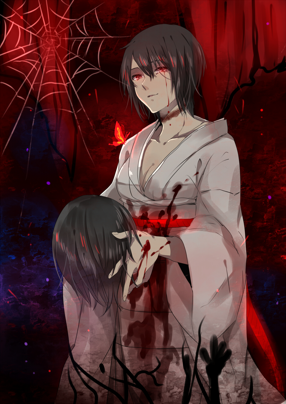 1girl blood blood_on_clothes bloody_tears breasts brown_hair bug butterfly cleavage fatal_frame fatal_frame_2 head highres bug japanese_clothes kimono kurosawa_sae kurozatou_owata obi sash short_hair silk spider_web string string_of_fate