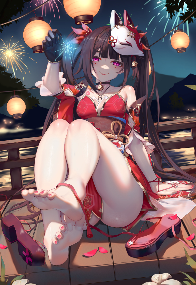 1girl aerial_fireworks aoi_(buzhuen444) arm_support bare_shoulders barefoot bell black_choker black_gloves black_hair choker criss-cross_halter detached_sleeves dress feet fireworks flower_tattoo foot_focus fox_mask gloves halterneck holding holding_fireworks honkai:_star_rail honkai_(series) long_hair looking_at_viewer mark_under_both_eyes mask mask_on_head neck_bell night o-ring pink_eyes red_dress sash single_glove sitting solo sparkle_(honkai:_star_rail) sparkler tattoo toes