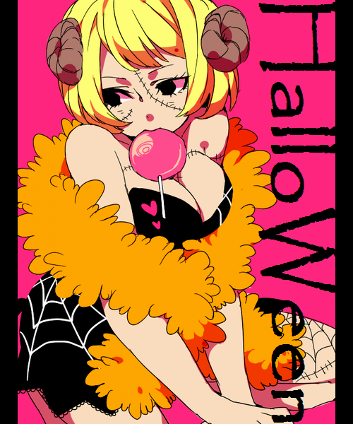 1girl akizuki_hakuto bad_id bad_pixiv_id black_dress black_eyes blonde_hair commentary_request dress eating feather_boa halloween horns looking_to_the_side one_piece pillarboxed pink_background short_hair simple_background sitting solo spider_web_print stitched_face stitched_leg stitched_torso stitches swept_bangs victoria_cindry