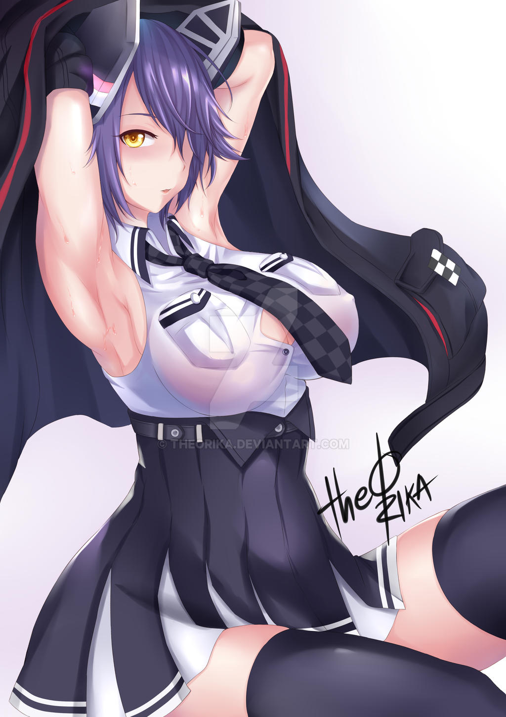 1girl armpits breasts deviantart_username hands_up jacket kantai_collection large_breasts necktie nipples_visible_through_shirt purple_hair see-through_clothes skirt tenryuu_(kancolle) tenryuu_kai_ni_(kancolle) theorika thighhighs thighs watermark yellow_eyes