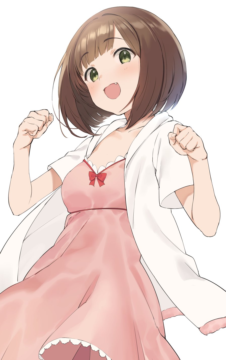 1girl blush bow breasts brown_hair clenched_hands collarbone dot_nose dress dress_bow fang from_below green_eyes hands_up highres idolmaster idolmaster_cinderella_girls idolmaster_cinderella_girls_starlight_stage jacket large_breasts looking_at_viewer maekawa_miku nekoshoko open_clothes open_jacket open_mouth pink_dress red_bow short_hair short_sleeves simple_background smile solo white_background white_jacket