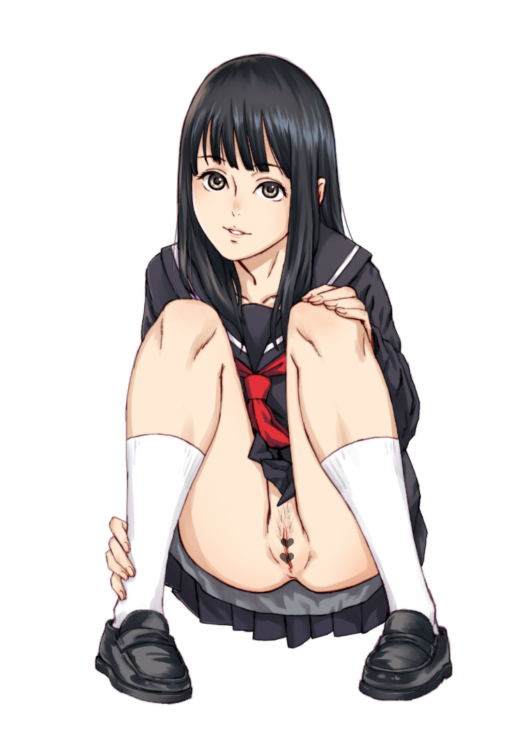 1girl black_hair black_serafuku brown_eyes censored cleft_of_venus female_focus female_pubic_hair kaburagi_yuki long_hair no_panties original pubic_hair pussy school_uniform serafuku shoes simple_background skirt smile socks solo squatting white_background