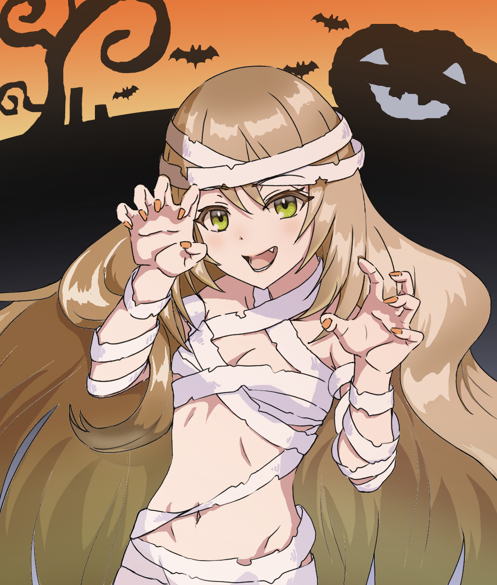 1girl bandages blonde_hair breasts celine_(fire_emblem) claw_pose donguri_(reji22) eyelashes fang fire_emblem fire_emblem_engage green_eyes halloween halloween_costume highres jack-o&#039;-lantern long_hair looking_at_viewer mummy_costume navel nintendo open_mouth orange_nails orange_sky sky small_breasts smile solo