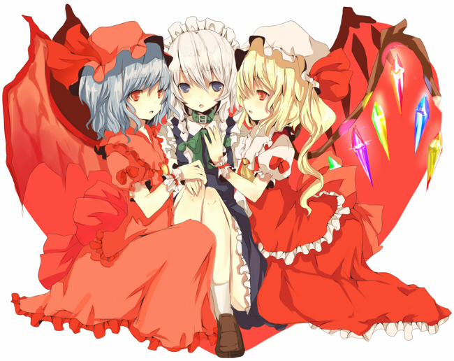 3girls bad_id bad_pixiv_id duplicate female_focus flandre_scarlet hat izayoi_sakuya maid multiple_girls ponytail remilia_scarlet ribbon short_hair tetsuo_(tashirosu) touhou wings