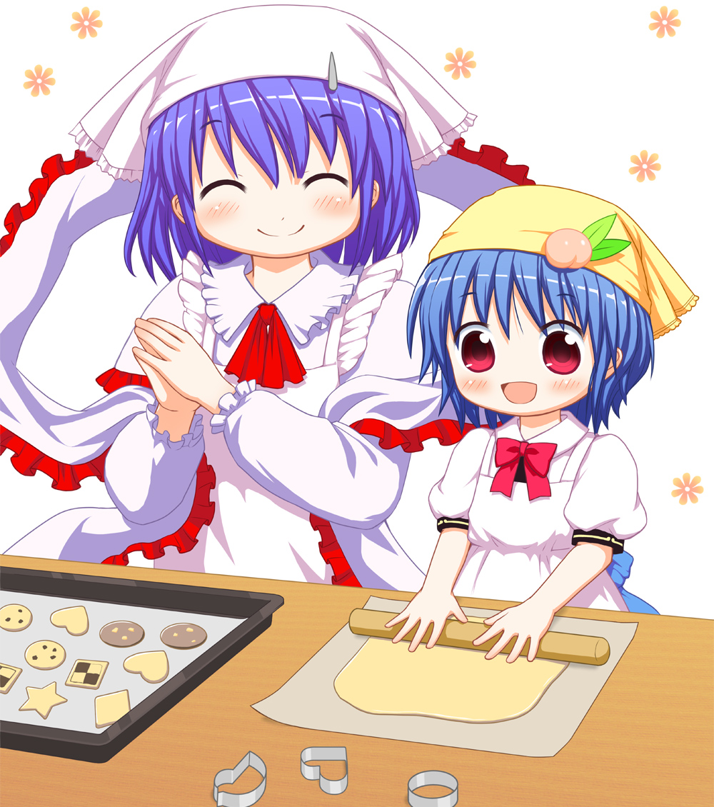 2girls :d ^_^ alternate_costume alternate_headwear apron baking baking_sheet bebelona bebeneko blue_hair blush bow child closed_eyes cookie cookie_cutter cooking counter dough closed_eyes female_focus food fruit hair_ornament hairclip headscarf hinanawi_tenshi kerchief long_sleeves multiple_girls nagae_iku open_mouth peach red_eyes shawl shirt short_hair short_sleeves smile touhou aged_down