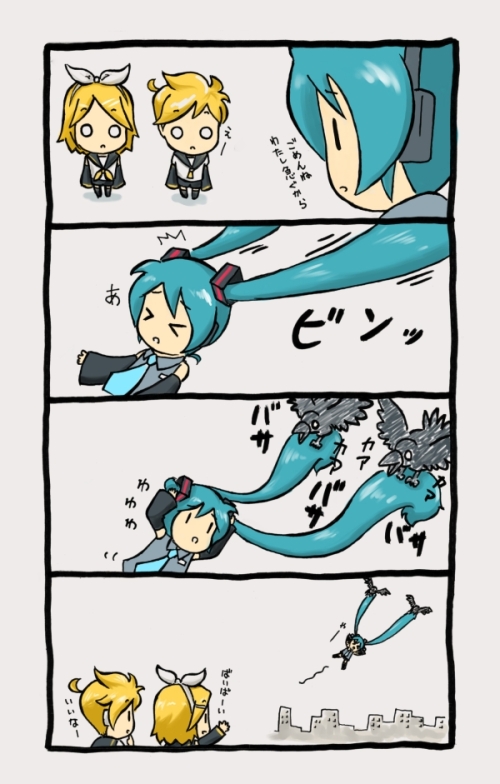 &gt;_&lt; 4koma bird chibi comic closed_eyes grabbing_another&#039;s_hair hatsune_miku kagamine_len kagamine_rin long_hair o_o shimota translation_request twintails very_long_hair vocaloid |_|