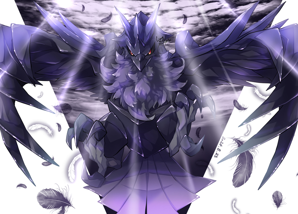 closed_mouth commentary_request corviknight creatures_(company) dated feathers game_freak gen_8_pokemon light_rays lionbell looking_at_viewer nintendo no_humans pokemon pokemon_(creature) signature solo talons