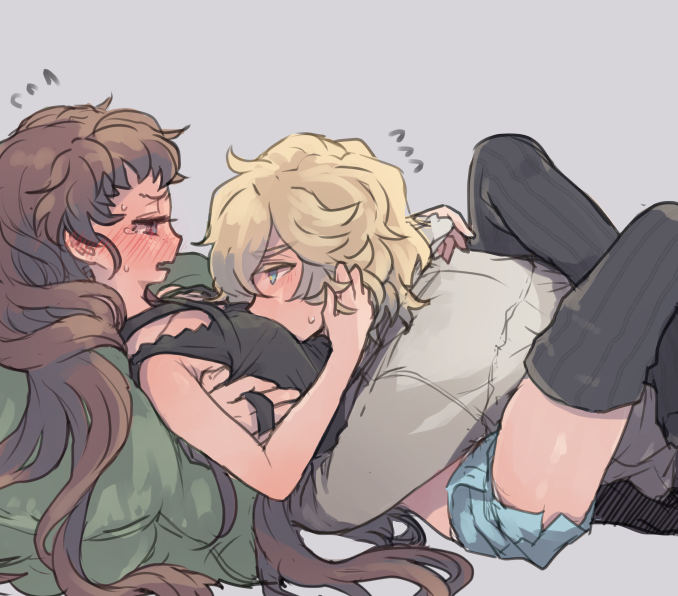 1boy 1girl black_shirt black_thighhighs blonde_hair blue_eyes blue_shorts blush breast_press breasts brown_eyes brown_hair collarbone couple embarrassed eye_contact from_side grey_shirt hetero hug isuzu_(log_horizon) leg_lock log_horizon long_hair looking_at_another lunderhaus_cord lying mo_(deciliter) on_back open_mouth profile shirt short_shorts shorts sleeveless sleeveless_shirt small_breasts tears thighhighs very_long_hair zettai_ryouiki