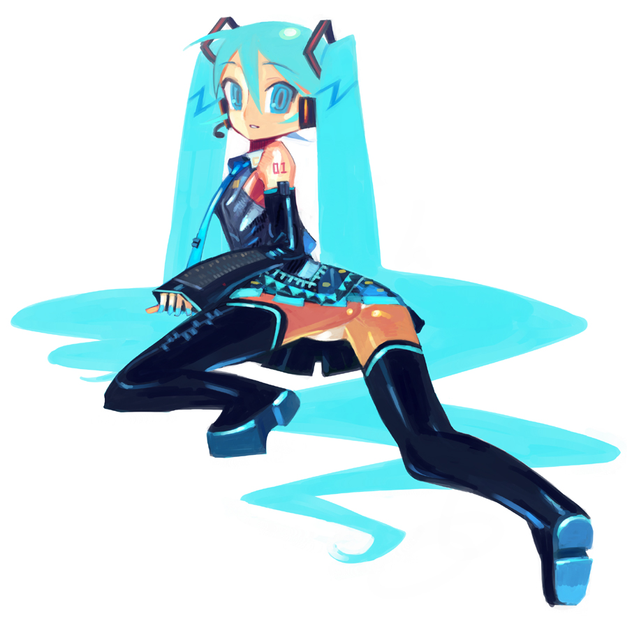 ass bad_id bad_pixiv_id blue_eyes blue_hair detached_sleeves hatsune_miku long_hair miniskirt omake3213 omake_(pixiv444760) panties pantyshot skirt solo thighhighs twintails underwear very_long_hair vocaloid