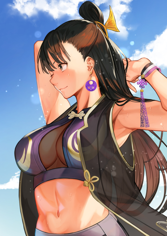 1girl blunt_bangs bracelet breasts brown_eyes brown_hair capcom chun-li closed_mouth cloud cloudy_sky crop_top earrings hair_bun high_ponytail hinoru_saikusa jewelry large_breasts long_hair midriff navel nose official_alternate_costume official_alternate_hairstyle outdoors ponytail single_hair_bun sky sleeveless smile solo stomach street_fighter street_fighter_6 sweat sweatdrop