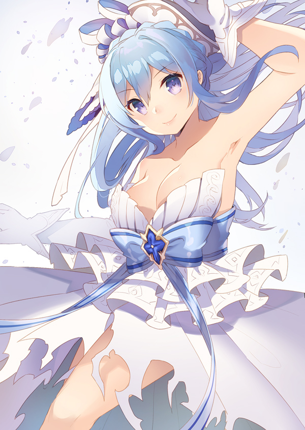 &gt;:) 1girl alternate_costume arm_up armpits asymmetrical_gloves bad_id bad_pixiv_id bare_arms bare_shoulders blue_hair blue_ribbon blush braid breasts cleavage closed_mouth damaged dress elbow_gloves female_focus french_braid gloves granblue_fantasy hair_between_eyes head_tilt headwear_request long_hair looking_at_viewer medium_breasts neck no_bra purple_eyes ribbon shiyun sidelocks simple_background single_elbow_glove smile solo strapless strapless_dress therese_(granblue_fantasy) uneven_gloves v-shaped_eyebrows white_background white_dress white_gloves