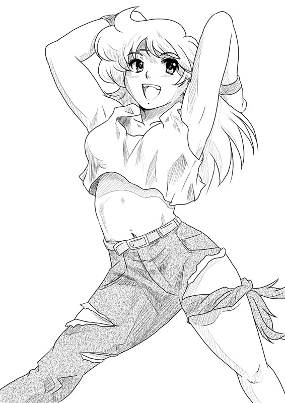 1girl armpits arms_up asymmetrical_clothes banpresto denim female_focus greyscale jeans lune_zoldark midriff monochrome pants shu-z solo super_robot_wars super_robot_wars_original_generation tank_top torn_clothes torn_jeans torn_pants