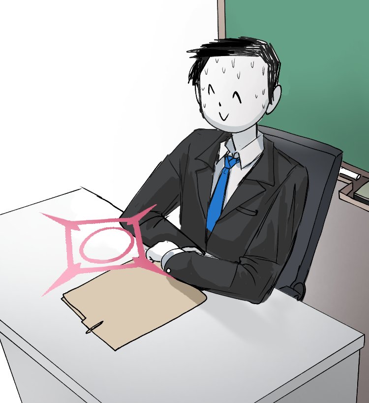 1boy 1girl alma_(crippling_mark) blue_archive blue_necktie chiaki_(blue_archive) desk doodle_sensei_(blue_archive) halo implied_fellatio necktie nervous_sweating red_halo sensei_(blue_archive) shirt sitting sweat under_table