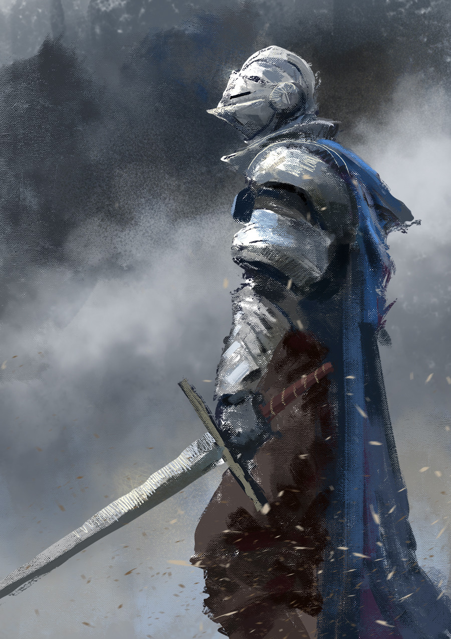 1boy abstract_background armor brown_pants cape commentary conor_burke english_commentary fantasy from_side full_body gauntlets glint grey_background helm helmet highres holding holding_sword holding_weapon knight original pants pauldrons shoulder_armor solo speedpaint sword weapon