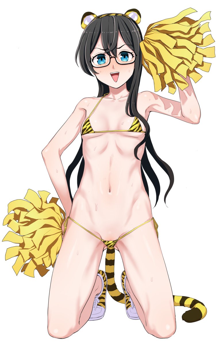 1girl alternate_costume animal_print bare_arms bare_legs bare_shoulders bikini black_hair blue_eyes blush breasts cheerleader glasses gluteal_fold groin hairband highres kantai_collection kneeling kumadano long_hair looking_at_viewer micro_bikini navel ooyodo_(kancolle) open_mouth pom_pom_(cheerleading) semi-rimless_eyewear shoes small_breasts smile sneakers solo string_bikini sweat swimsuit tail tiger_print tongue under-rim_eyewear white_bikini