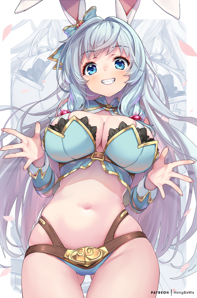 1girl animal_ears arifureta_shokugyou_de_sekai_saikyou blue_eyes blue_hair blush breasts cleavage from_below grin hair_between_eyes highres hong_(white_spider) large_breasts long_hair looking_at_viewer navel open_mouth quad_braids rabbit_ears rabbit_girl shea_haulia smile solo standing