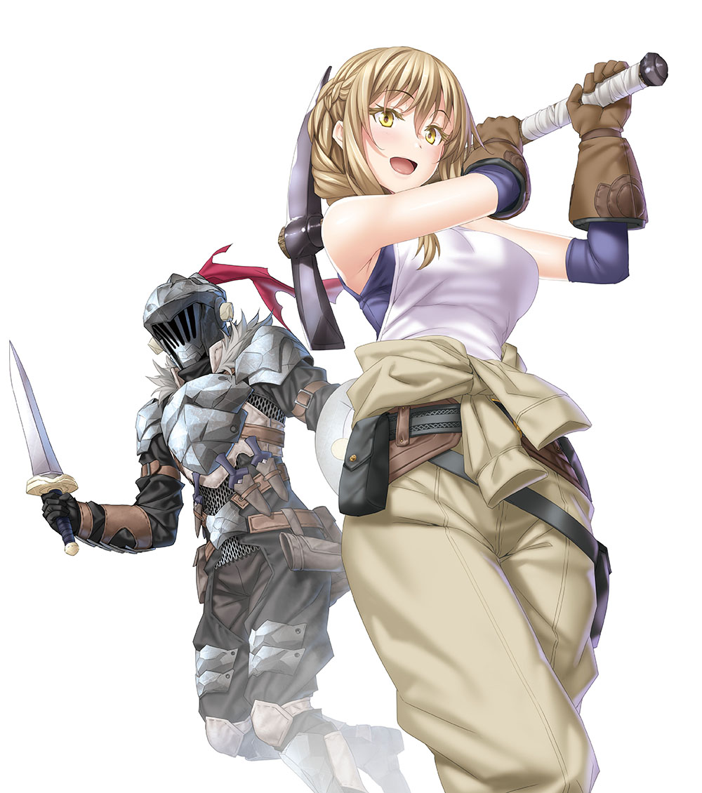 1boy 1girl armor bag black_pants breastplate breasts brown_gloves brown_pants chainmail dagger gloves goblin_slayer goblin_slayer! grey_armor guild_girl_(goblin_slayer!) handbag holding holding_pickaxe holding_sword holding_weapon kannatsuki_noboru knee_pads knife light_brown_hair medium_breasts medium_hair official_art open_mouth pants pickaxe shirt short_sword shoulder_plates smile sword weapon white_background white_shirt yellow_eyes