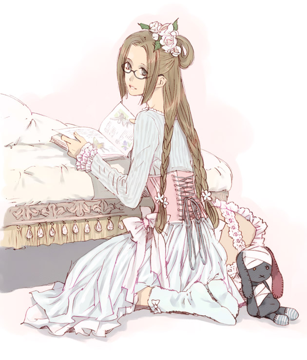 1girl alternate_costume back bed book bow braid brown_eyes brown_hair cai_wenji_(shin_sangoku_musou) corset dress female_focus flower glasses hair_flower hair_ornament hitaki leaf long_hair pillow shin_sangoku_musou simple_background socks solo stuffed_toy twin_braids white_background