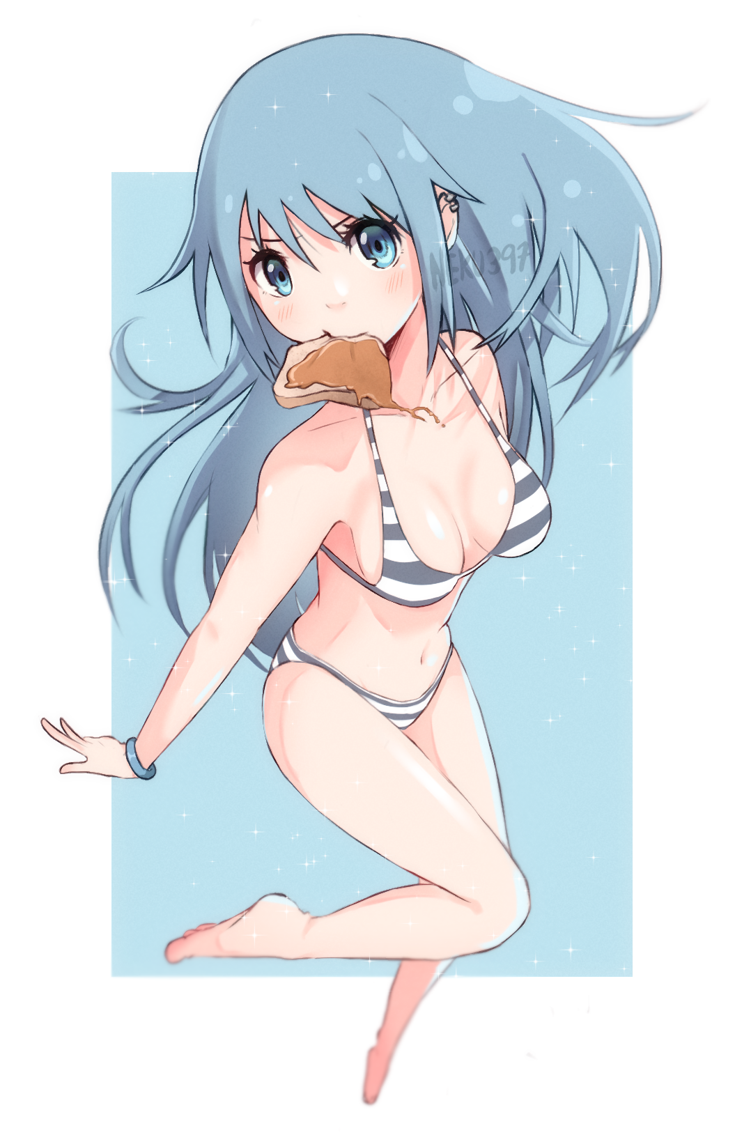 1girl bikini blue_eyes blue_hair earrings eating floating floating_hair food highres jewelry looking_at_viewer neku397 original peanut_butter sandwich self-upload simple_background solo striped swimsuit