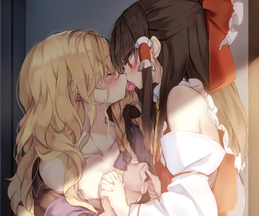 2girls bare_shoulders blonde_hair blouse blush bow braid breasts brown_hair candy closed_eyes collarbone commentary detached_sleeves food groping hair_bow hair_tubes hakurei_reimu holding_hands interlocked_fingers kirisame_marisa kiss licking lollipop medium_breasts multiple_girls off_shoulder piyokichi red_eyes saliva shared_food shirt side_braid single_braid sweat tears touhou undressing wavy_hair yuri