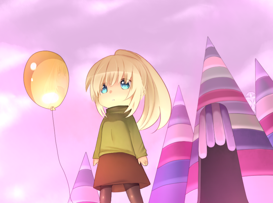 1girl bad_id bad_pixiv_id balloon blonde_hair blue_eyes chibi cloud female_focus green_shirt kesikasumajin open_mouth pantyhose poniko ponytail reflection shirt skirt sky solo turtleneck yume_nikki