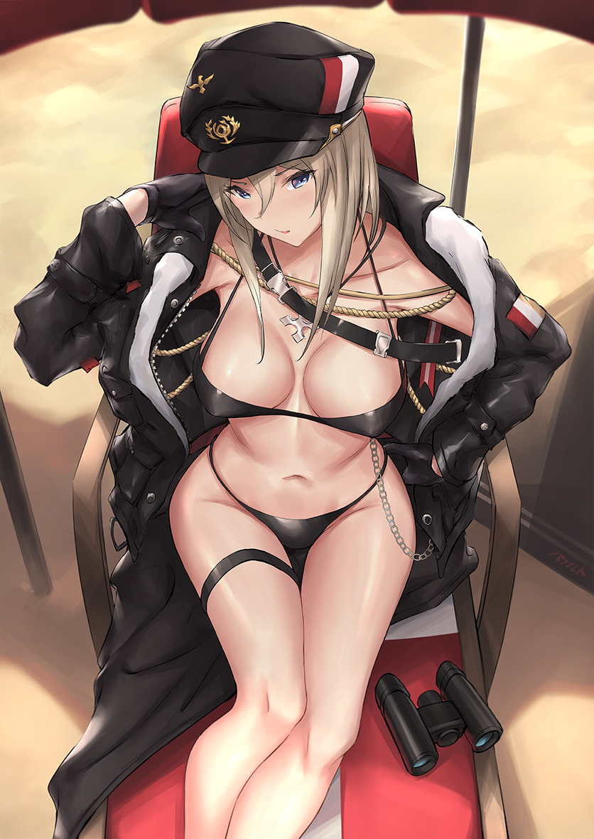 1girl azur_lane beach_umbrella bikini binoculars bismarck_(azur_lane) black_bikini black_coat black_gloves blonde_hair blue_eyes breasts buckle chair cleavage coat collarbone commentary_request cross cross_necklace gloves groin hair_between_eyes hand_on_own_hip hat head_tilt iron_cross jewelry large_breasts long_hair looking_at_viewer lounge_chair navel necklace off_shoulder open_clothes open_coat parfaitlate parted_lips peaked_cap shade sidelocks sitting snap-fit_buckle solo stomach swimsuit thigh_strap thighs umbrella