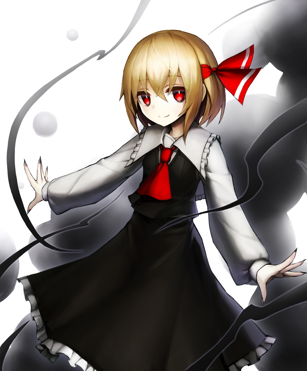 1girl ascot black_hair black_nails black_skirt black_vest closed_mouth collared_shirt darkness fingernails frilled_shirt_collar frilled_skirt frills hair_between_eyes hair_ribbon highres long_fingernails long_sleeves nail_polish red_ascot red_eyes red_ribbon ribbon rumia sharp_fingernails shirt short_hair skirt smile solo spark621 touhou umbrakinesis vest white_shirt