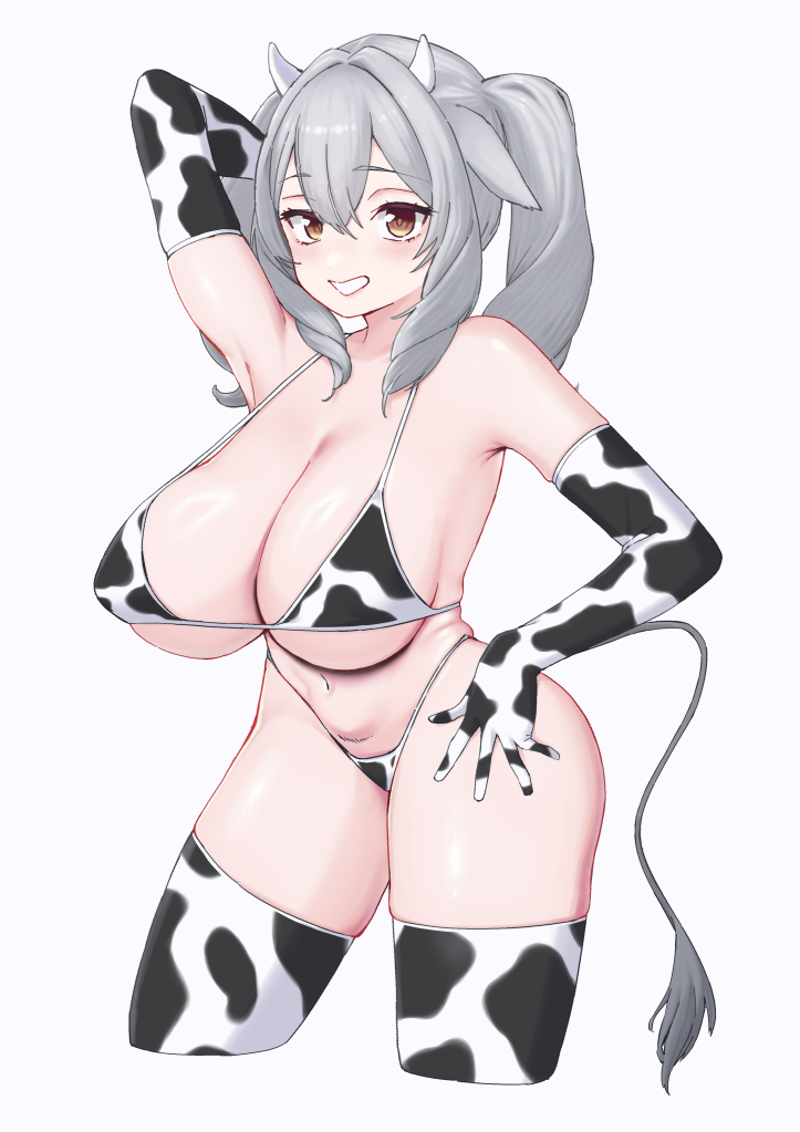 1girl alternate_costume animal_ears animal_print arm_behind_head arm_up armpits bare_shoulders bikini blush breasts brown_eyes cleavage covered_erect_nipples cow_ears cow_girl cow_horns cow_print cow_print_bikini cow_tail cowboy_shot cropped_legs drill_hair elbow_gloves gloves grey_hair grin hair_between_eyes hand_on_own_hip highleg highleg_bikini horns huge_breasts large_breasts long_hair looking_at_viewer mature_female medium_hair micro_bikini milltina_(vrchat) navel print_bikini print_gloves print_thighhighs sidelocks sigeru_uncommon simple_background skindentation smile solo standing stomach strap_gap string_bikini swimsuit tail thighhighs thighs twin_drills twintails underboob vrchat white_background white_bikini