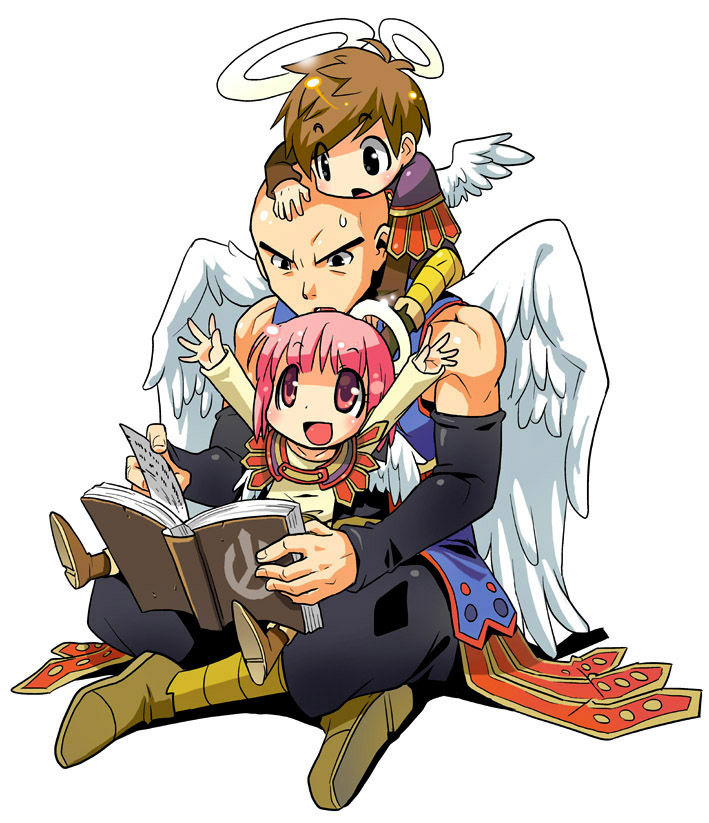 1girl 2boys angel angel_wings arms_up bald black_arm_warmers black_eyes book brown_hair child commentary_request dragon_quest dragon_quest_ix feathered_wings halo hand_on_another&#039;s_head hero_(dq9) heroine_(dq9) holding holding_book igaiga indian_style izayaarl long_sleeves looking_down looking_up multiple_boys muscular muscular_male open_book pink_eyes pink_hair reading short_hair sitting sitting_on_lap sitting_on_person striped_leggings sweatdrop white_background white_halo white_wings wings